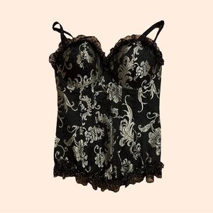 Gold Floral and Black Corset Top with Ruffled Lace Edges